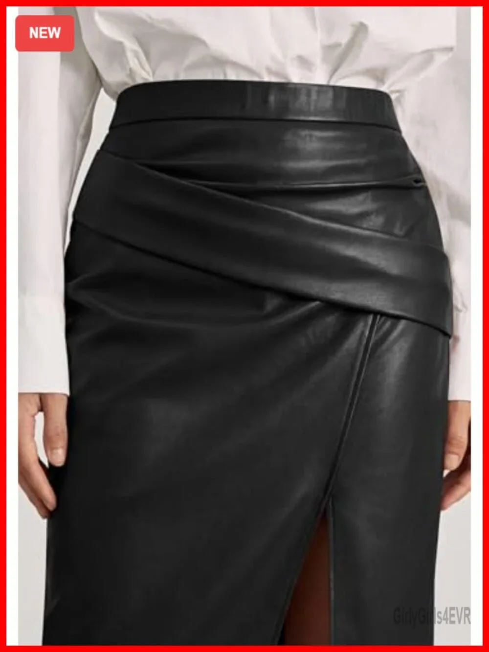 Faux Leather Midi Pencil Skirt with Slit Tummy Control Work Skirt